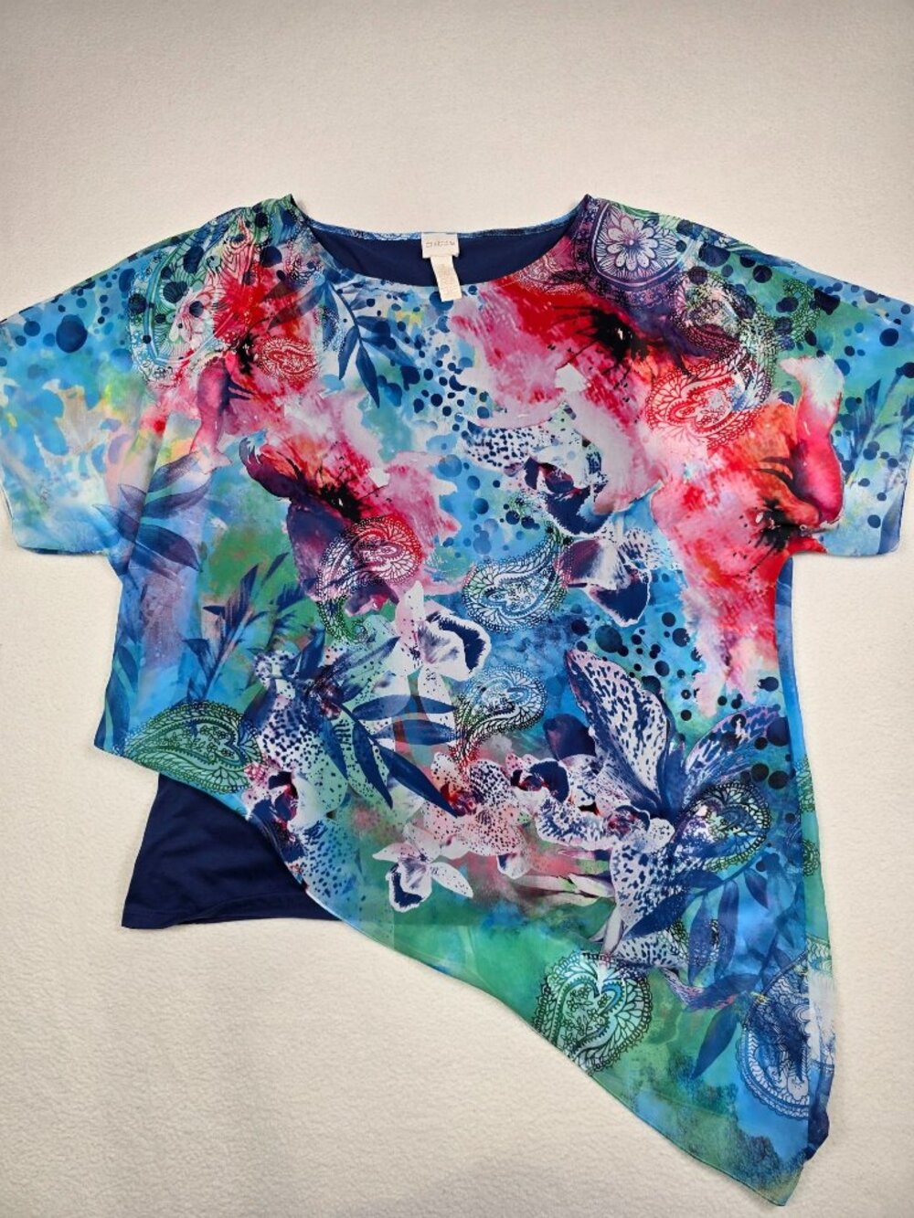 Chicos Womans 3 Asymmetrical Top Blue & Multicolor XL Asymmetrical
